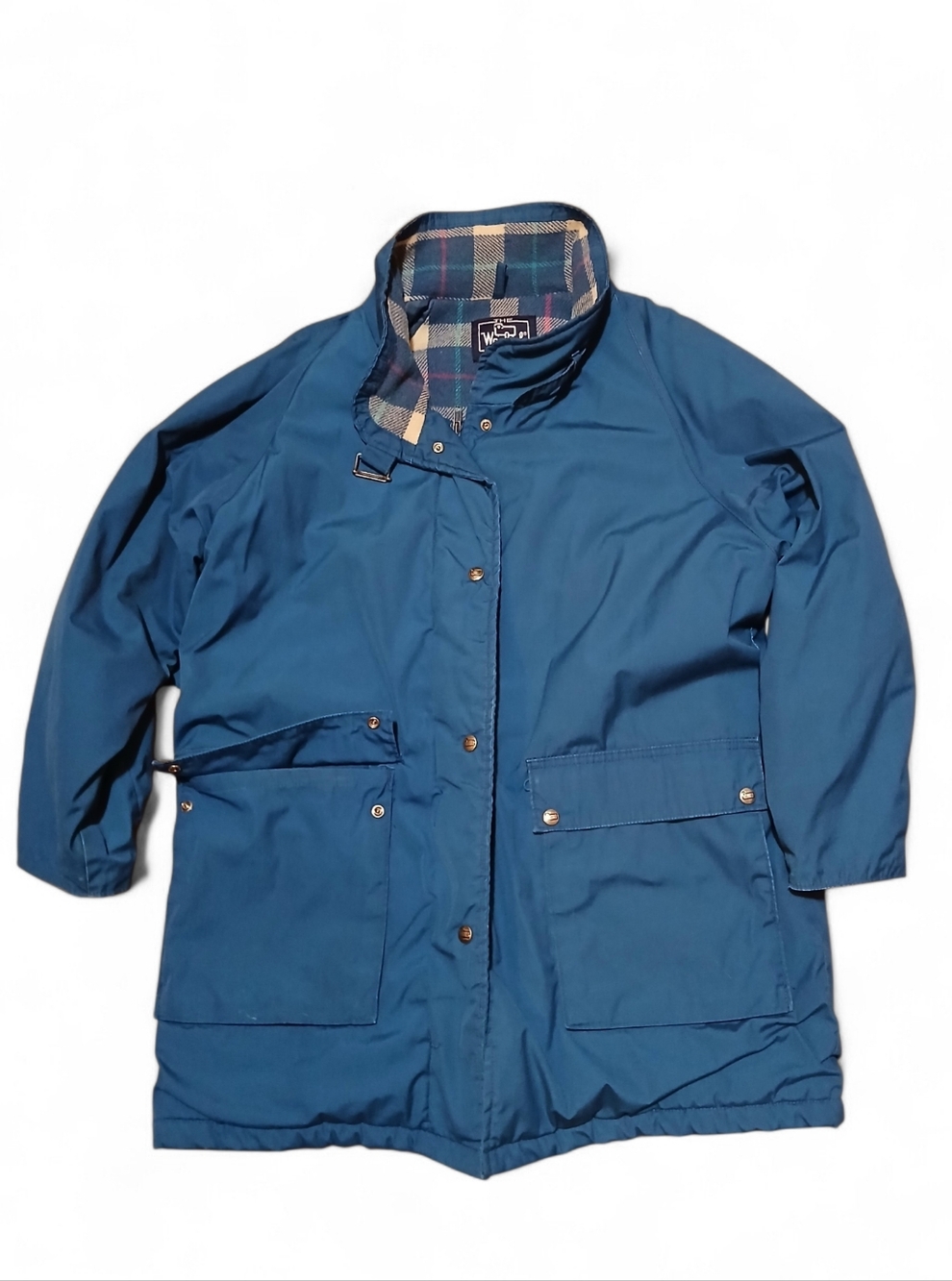Vintage EUC Woolrich Size Large Blue Trench Coat with Plaid Lining
